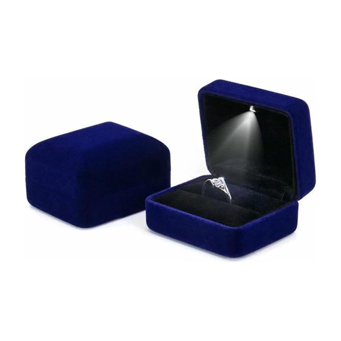 Blau Ringbox aus Samt Velvet mit LED – Ringschatulle mit Beleuchtung für Verlobung & Antrag