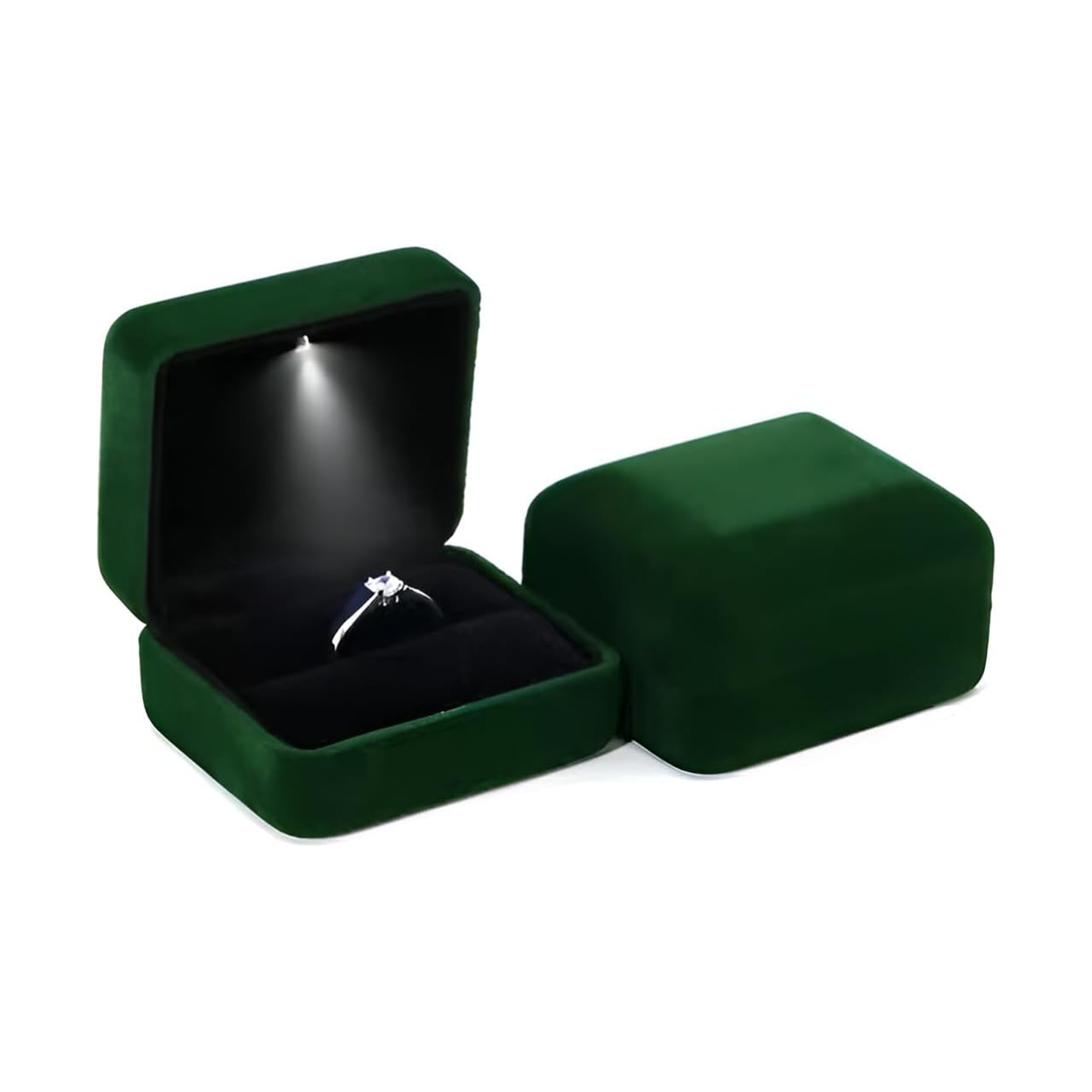 Ringschatulle mit LED-Licht aus grünem Samt – Elegante Ringbox mit Beleuchtung für Antrag, Verlobung & Hochzeit