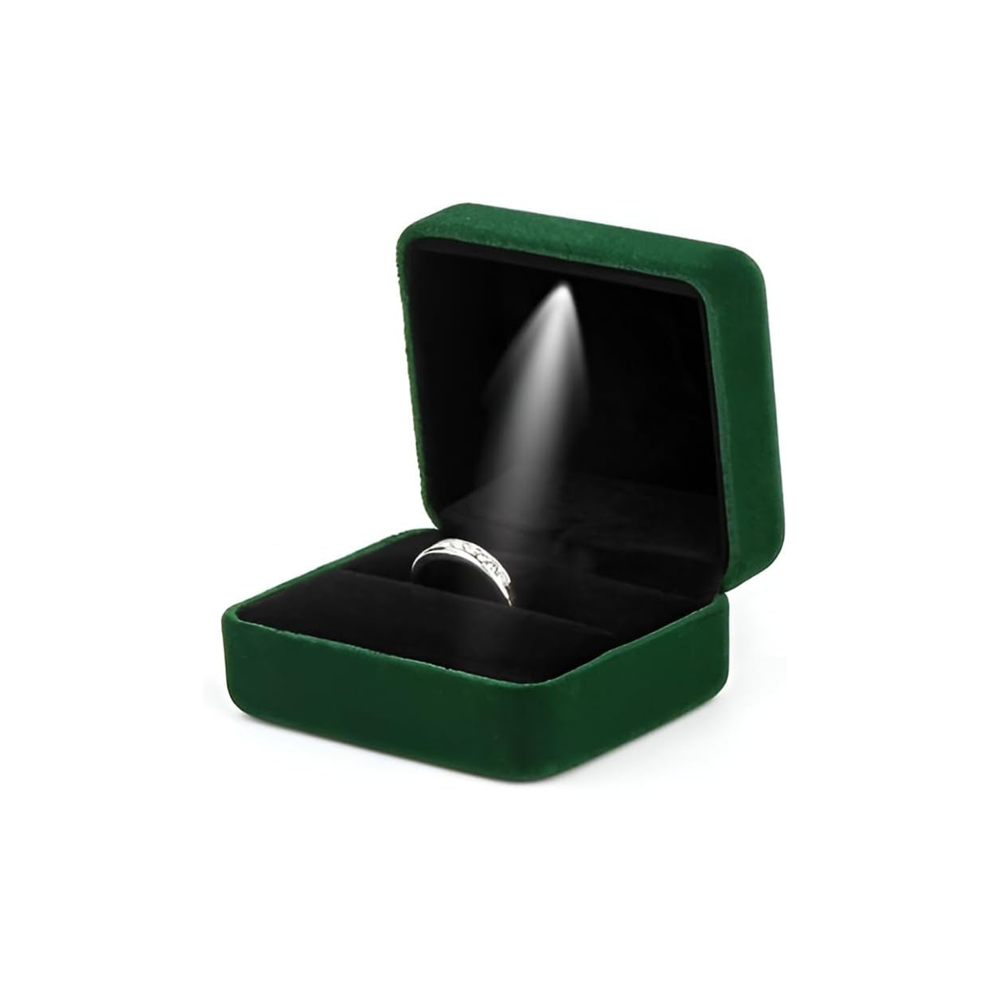 Ringschatulle mit LED-Licht aus grünem Samt – Elegante Ringbox mit Beleuchtung für Antrag, Verlobung & Hochzeit