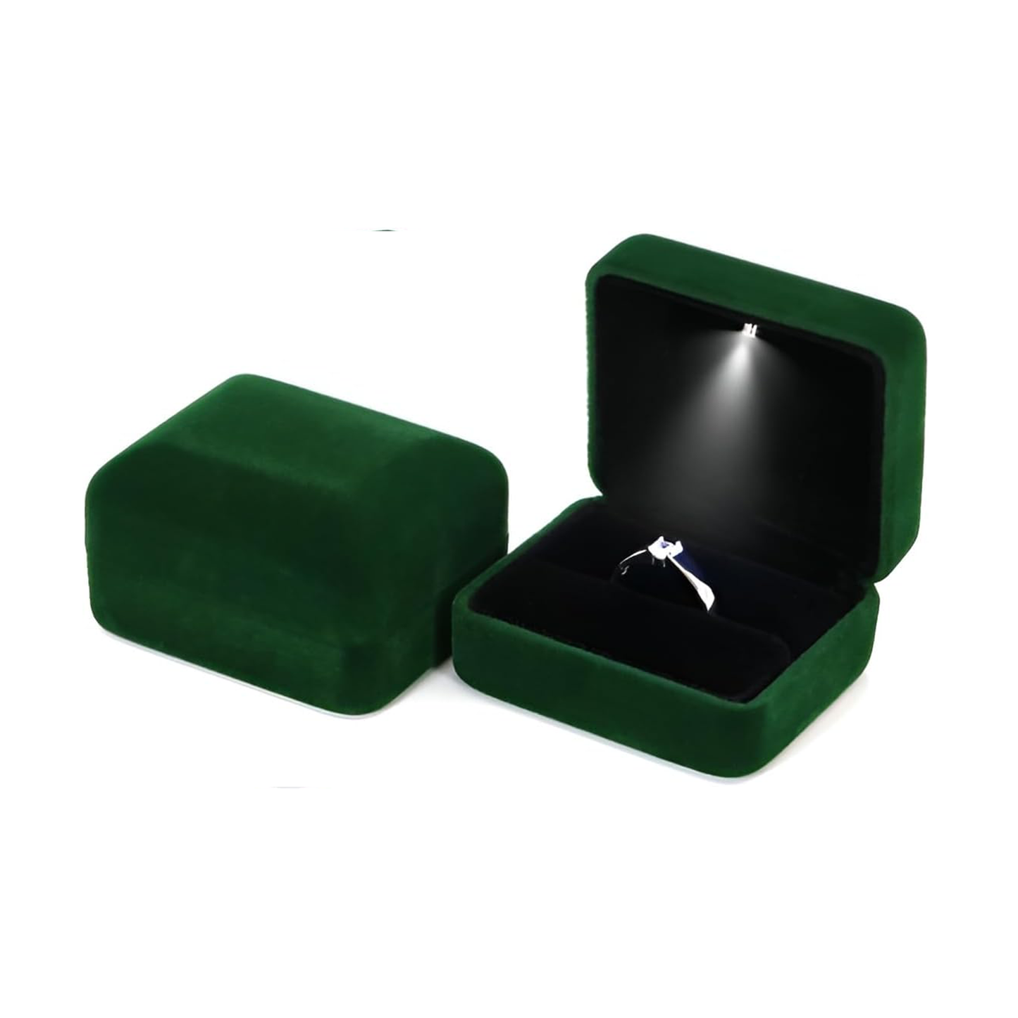 Ringschatulle mit LED-Licht aus grünem Samt – Elegante Ringbox mit Beleuchtung für Antrag, Verlobung & Hochzeit