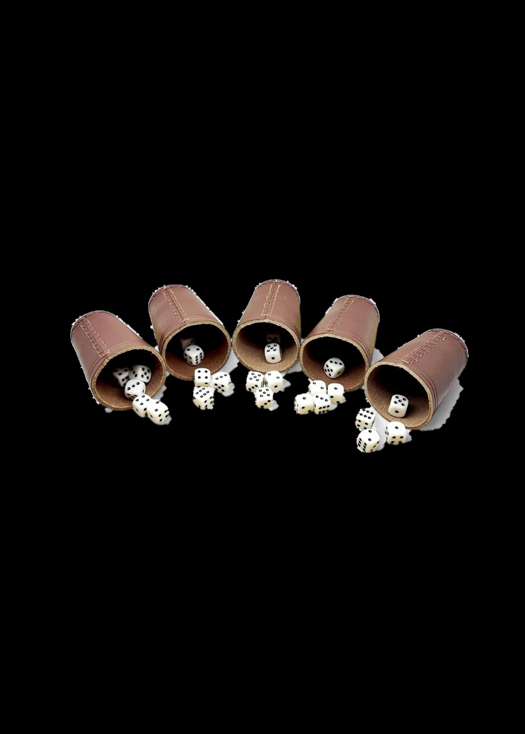 Würfelbecher Leder | 5er Set mit 30 Würfeln (16mm) | Handgefertigte Premium Echtleder Becher 9cm  Braun