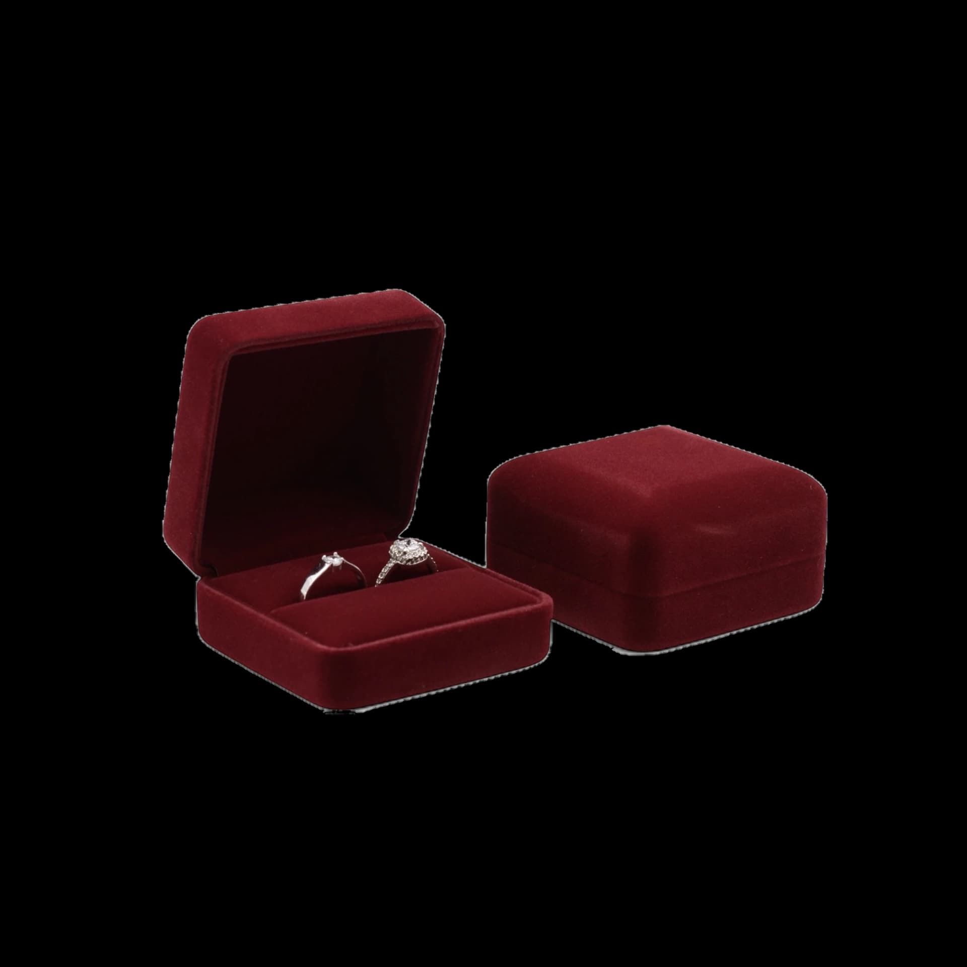 Edle Doppel-Ringbox aus Samt – Weinrot, 7,5 × 7,5 × 4,2 cm