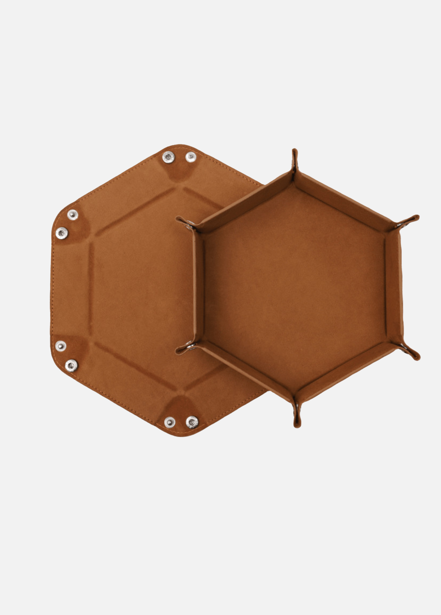 Würfelteller Hexagon faltbar – PU Leder & Samt Würfeltablett für Dungeons & Dragons, Pen & Paper & RPG Spiele – Faltbares Sechseck Würfel-Tablett (Braun)