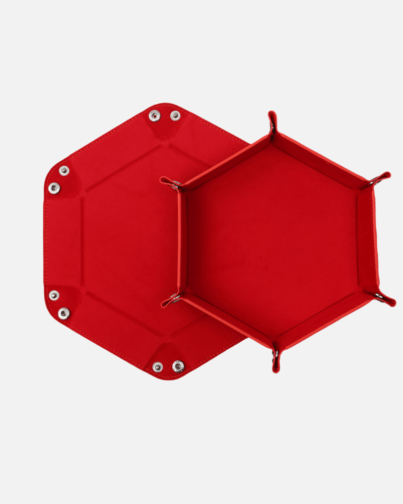 Würfelteller Hexagon faltbar – PU Leder & Samt Würfeltablett für Dungeons & Dragons, Pen & Paper & RPG Spiele – Faltbares Sechseck Würfel-Tablett (Rot)