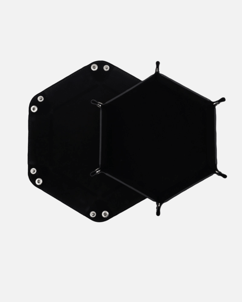Würfelteller Hexagon faltbar – PU Leder & Samt Würfeltablett für Dungeons & Dragons, Pen & Paper & RPG Spiele – Faltbares Sechseck Würfel-Tablett (Schwarz)