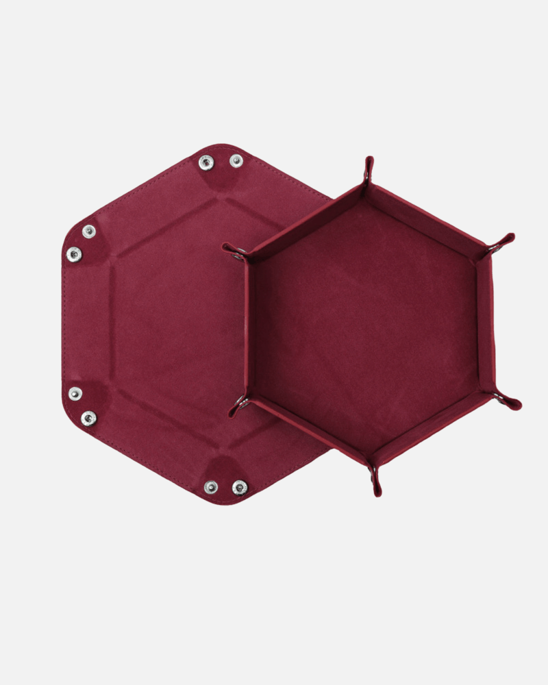 Würfelteller Hexagon faltbar – PU Leder & Samt Würfeltablett für Dungeons & Dragons, Pen & Paper & RPG Spiele – Faltbares Sechseck Würfel-Tablett (Weinrot)