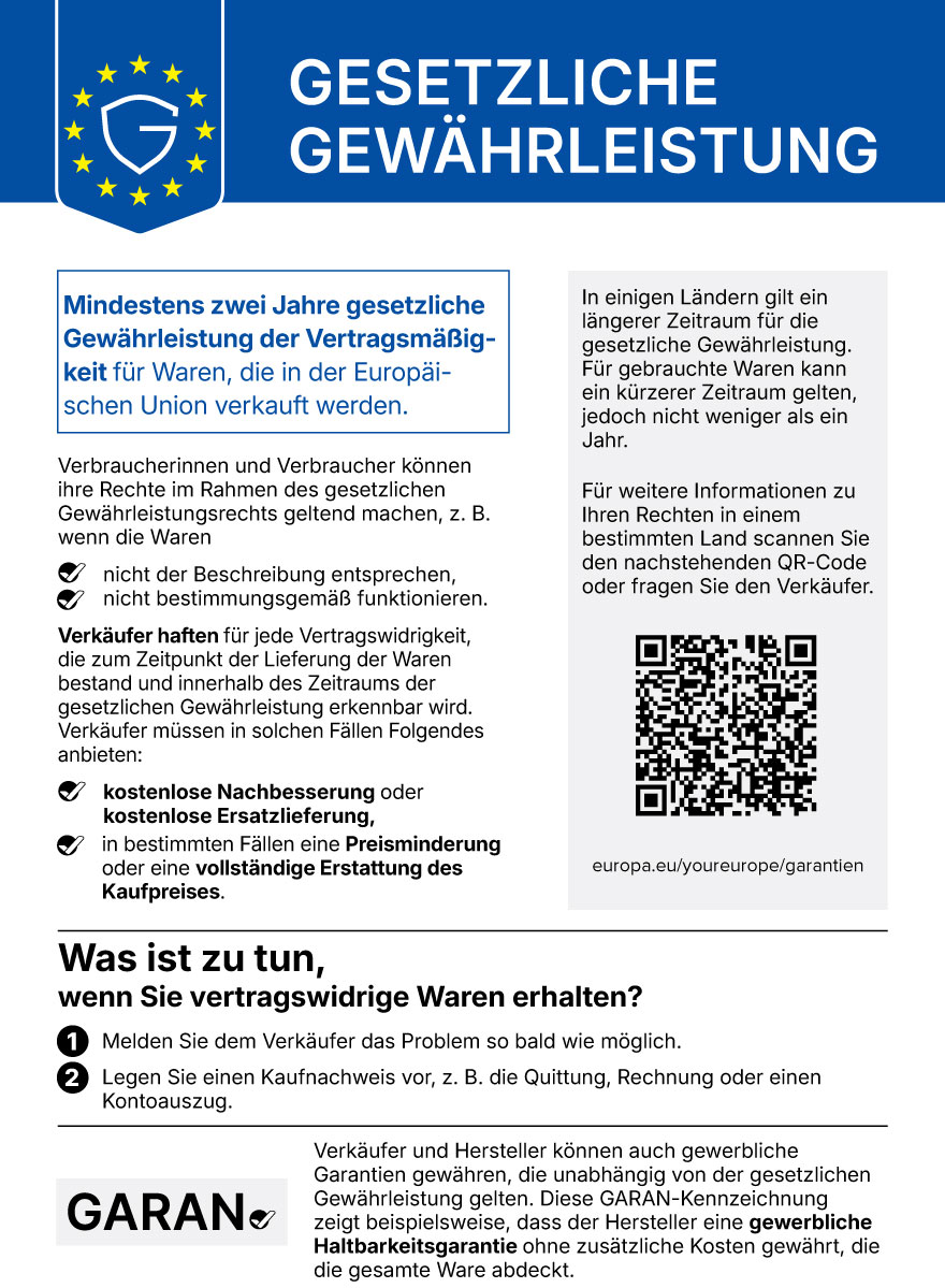 Gesetzliche Gewährleistung. Mindestens zwei Jahre gesetzliche Gewährleistung der Vertragsmäßigkeit für Waren, die in der Europäischen Union verkauft werden.

Verbraucherinnen und Verbraucher können ihre Rechte im Rahmen des gesetzlichen Gewährleistungsrechts geltend machen, z. B. wenn die Waren nicht der Beschreibung entsprechen oder nicht bestimmungsgemäß funktionieren.

Verkäufer haften für jede Vertragswidrigkeit, die zum Zeitpunkt der Lieferung der Waren bestand und innerhalb des Zeitraums der gesetzlichen Gewährleistung erkennbar wird. Verkäufer müssen in solchen Fällen kostenlose Nachbesserung oder kostenlose Ersatzlieferung anbieten, in bestimmten Fällen eine Preisminderung oder eine vollständige Erstattung des Kaufpreises.

In einigen Ländern gilt ein längerer Zeitraum für die gesetzliche Gewährleistung. Für gebrauchte Waren kann ein kürzerer Zeitraum gelten, jedoch nicht weniger als ein Jahr. Weitere Informationen: europa.eu/youreurope/garantien

Was ist zu tun, wenn Sie vertragswidrige Waren erhalten? 1. Melden Sie dem Verkäufer das Problem so bald wie möglich. 2. Legen Sie einen Kaufnachweis vor, z. B. die Quittung, Rechnung oder einen Kontoauszug.