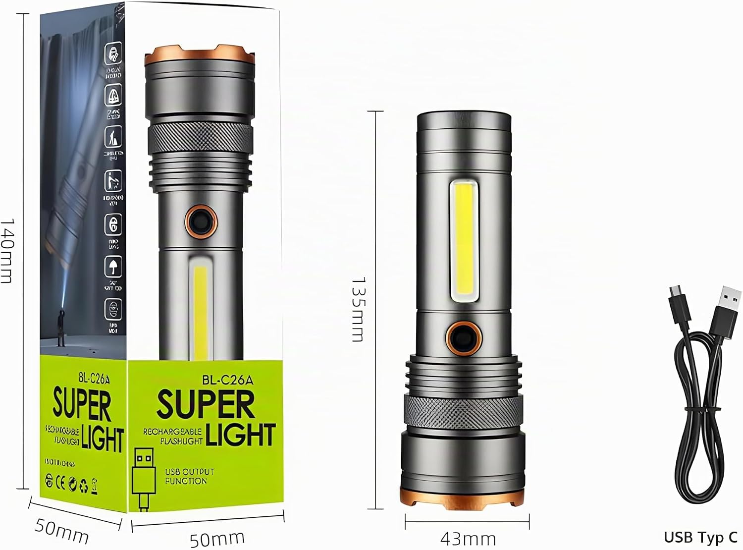 LED-Taschenlampe aus Aluminium, zoombar, per USB-C aufladbar – Ansicht 8