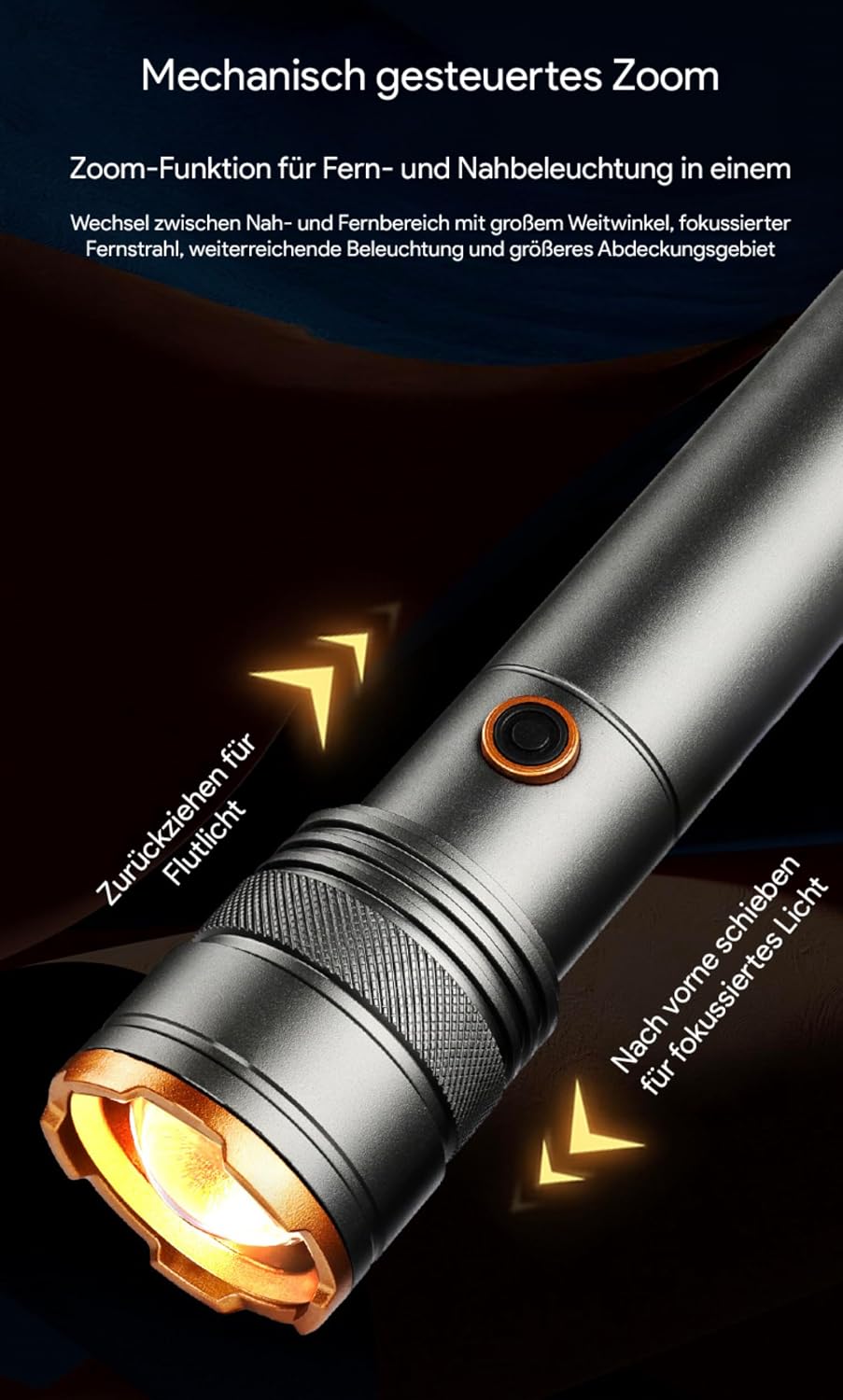LED-Taschenlampe aus Aluminium, zoombar, per USB-C aufladbar – Ansicht 9
