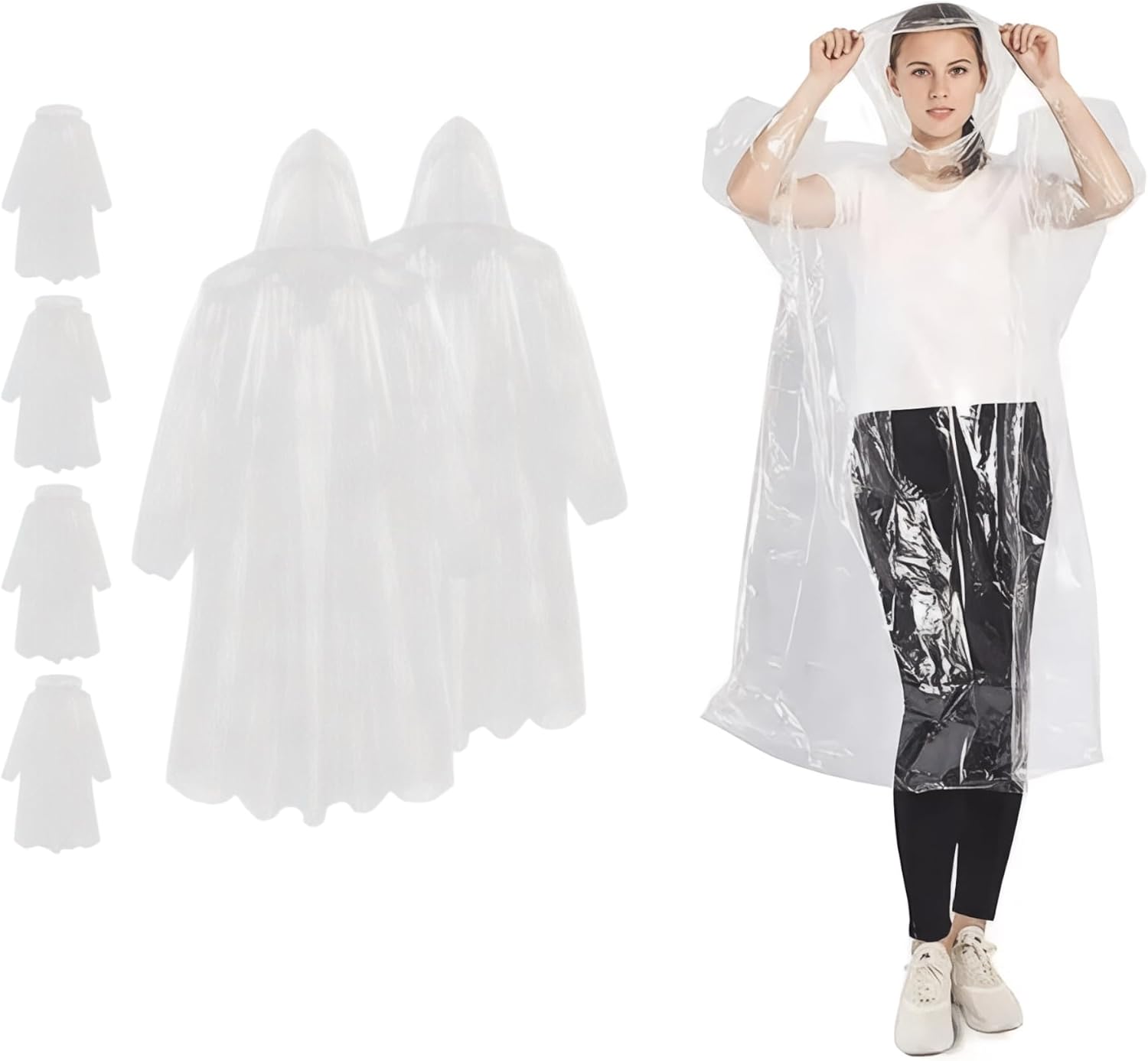 Regenponcho 6er-Set, transparent, mit Kapuze – Einweg, Unisex – Ansicht 2