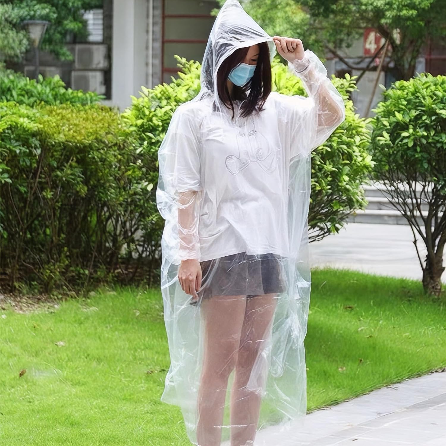 Regenponcho 6er-Set, transparent, mit Kapuze – Einweg, Unisex – Ansicht 6