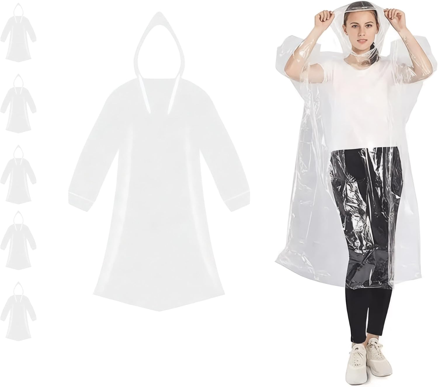 Regenponcho 6er-Set, transparent, mit Kapuze – Einweg, Unisex