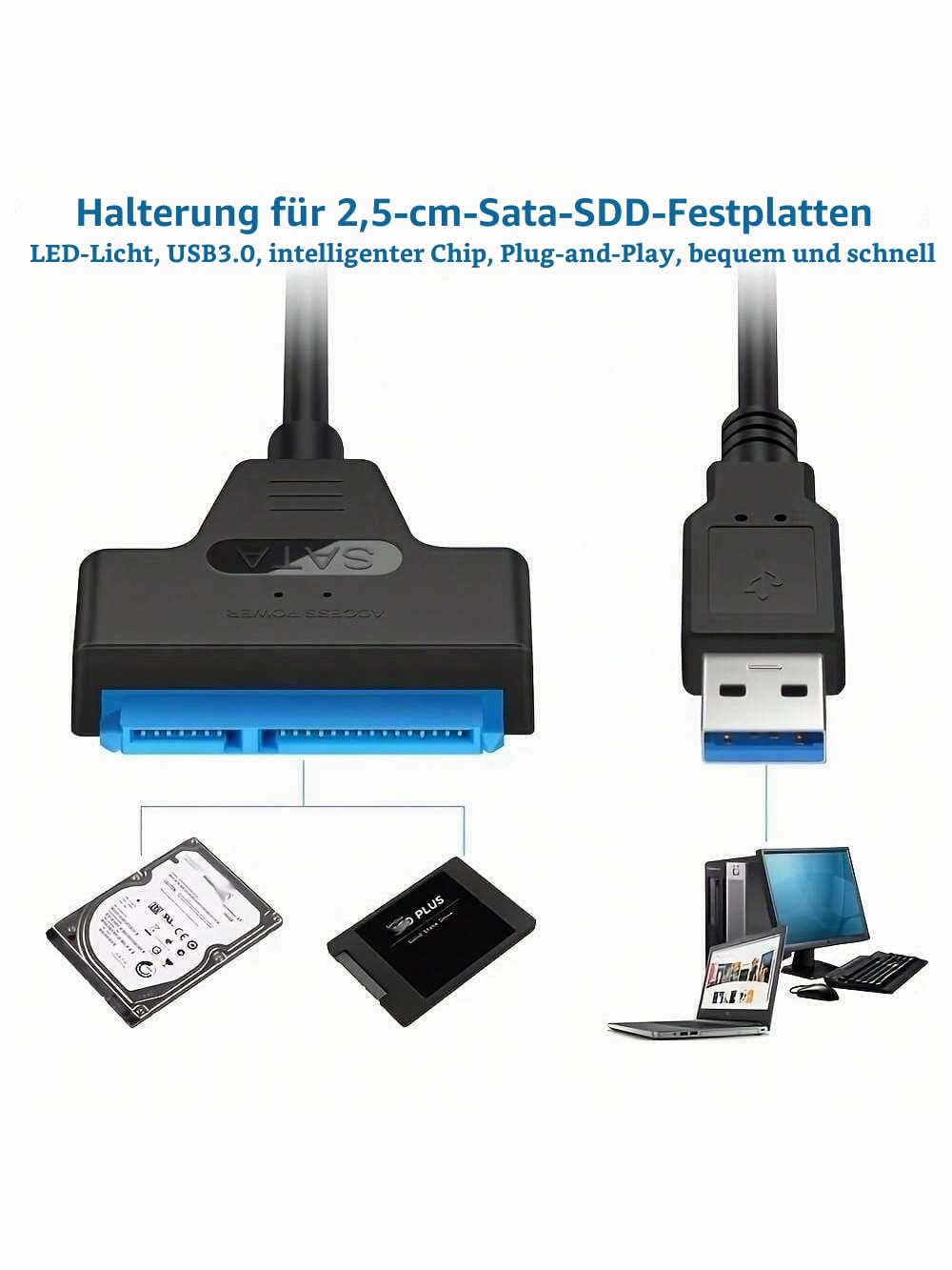 USB-auf-SATA-Adapter für 2,5-Zoll-SSD und -HDD – USB-C oder USB-A – USB-A – Ansicht 2